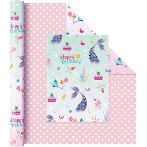 Wernnsai Mermaid Respervied Wrapping Paper Roll - 1 Roll 17 "× 33 قدمًا عيد ميلاد حورية البحر الورق الفتيات رول الأطفال