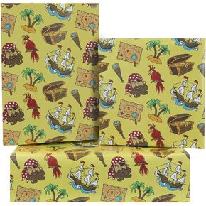 Birthday Wrapping Paper for Boys Girls Kids, Cool Pirates Treasure Ship Island Parrot Yellow Gift Wrap Paper for Birthday Party Baby Shower, 4 Sheets Folded Flat 20x28 Inches Per Sheet