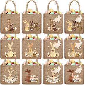 Huhumy 12 Pack Easter Burlap Bags with Tags Goodie Treat Jute Bags for Kids Favor Bunny Egg Hunt Gift(Easter)