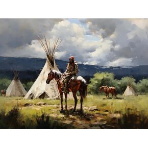 Ourtimfun DIY 5D Diamond Painting by Number Kits for Adults American Native Indians with Horse Tent Round Full Drill Art Gem Cross Stitch Picture Home Wall Decoration 16x20inch
