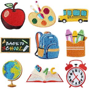 9 Pcs Back to School Iron on Patches Colorful ABC Pencil Apple School Bus Sew on Repair Embroidered Applique DIY Crafts Decorative Gifts for Teacher Students Clothing Jacket Jeans Backpack Hat
