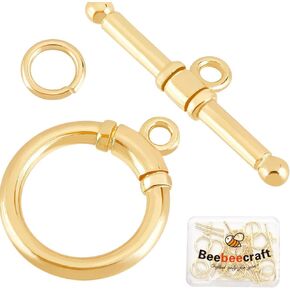 Beebeecraft 1 Box 15 Set Toggle Clasps Connectors 18K Gold Plated Brass Round Ring Toggle T Bar Clasps Sets for Jewellery Necklace Bracelet Earring Making