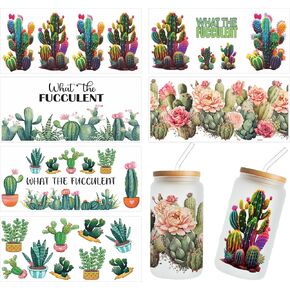 UV DTF Glass Mug Transfer Stickers, 6 Sheets Cactus Themed Mug Transfer Craft Stickers, UV DTF Transfer Waterproof Stickers for 16 oz Libbey Glasses, Furniture Crafts Woodworking DIY