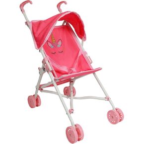 My First Baby Doll Stroller for Toddlers 1-3 Year Old Girls, Little Kids | Toy Stroller with Bottom Storage Basket, Foldable Frame, Canopy, Seatbelt - Unicorn (Pink)