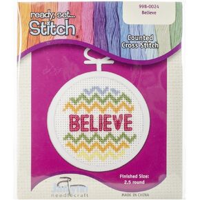 Janlynn 18 Count Round Mini Counted Cross Stitch Kit, 2-1/2-Inch, Believe