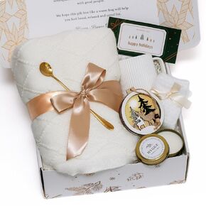 Hygge Comfort Gift Box Set - Cozy Winter Care Package with Soft Throw Blanket, Vanilla Cookie Candle, Ceramic Mug, LED Wooden Ornament - Christmas Self Care Gift for Women