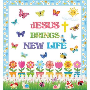 HOWAF 48pcs Jesus Brings New Life Christian Bulletin Board Set,Religious Faith Spring Classroom Decorations,Spring Cutouts Flowers Butterflies Bulletin Borders Trim for School Chalkboard Wall Decor