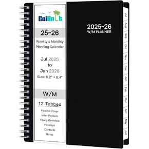 Academic Planner 2025-2026, Weekly ＆ Monthly Planner 2025-2026, Jul 2025 – Jun 2026, 6.2" x 8.42", Flexible Cover, 12 Monthly Tabs, Thick Paper, Spiral Wirebound, Inner Pocket, Black