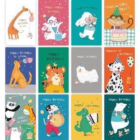 Birthday Cards Bulk for Kids, Cute Animal Birthday Cards, Assorted Happy Birthday Note Cards for Boys Girls, Children Birthday Cards with Envelopes & Stickers - 12 Unique Designs (6 x 4 In, 24 Pack)