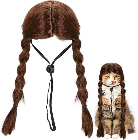 مضحك الكلب والقطط الضفائر الباروكة - تصميم غطاء الرأس البني للقطط والكلاب الصغيرة فقط ، وملحقات شعر الحيوانات الأليفة لطيف ، وأزياء الأزياء ، ولعب الملابس في عيد الهالوين ، عيد الميلاد ، ديكور الحفلات (ضفائر مزدوجة) in Kuwait