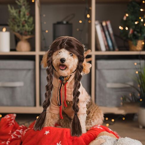 مضحك الكلب والقطط الضفائر الباروكة - تصميم غطاء الرأس البني للقطط والكلاب الصغيرة فقط ، وملحقات شعر الحيوانات الأليفة لطيف ، وأزياء الأزياء ، ولعب الملابس في عيد الهالوين ، عيد الميلاد ، ديكور الحفلات (ضفائر مزدوجة) in Kuwait