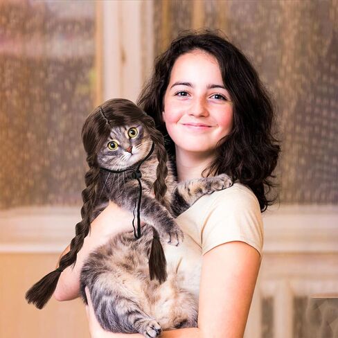 مضحك الكلب والقطط الضفائر الباروكة - تصميم غطاء الرأس البني للقطط والكلاب الصغيرة فقط ، وملحقات شعر الحيوانات الأليفة لطيف ، وأزياء الأزياء ، ولعب الملابس في عيد الهالوين ، عيد الميلاد ، ديكور الحفلات (ضفائر مزدوجة) in Kuwait