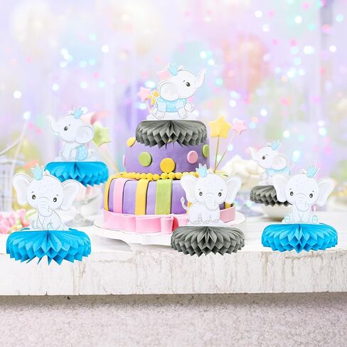 Gyufise 6Pcs It's a Boy Baby Shower Table Toppers Centerpieces Elephant Honeycomb Table Centerpiece for Elephant Theme Gender Reveal Baby Shower Birthday Party Table Decorations Supplies Blue in Kuwait