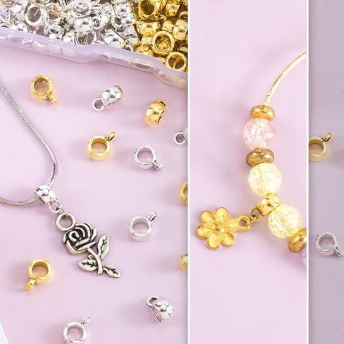 100pcs Bail Beads for Jewelry Making, Hypoallergenic Alloy Spacer Beads Bail Tube Bead, Jewelry Hanger Charm Accessories for DIY Necklace Bracelet Keychain- Silver & Gold in Saudi Arabia
