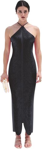 فستان نسائي مثير أنيق لامع بحمالات معدنية ميدي بدون أكمام بدون ظهر وشرابة وحفلات وحفلات الكوكتيل in Kuwait