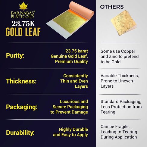Gold Leaf by Barnabas Blattgold - 23K Genuine Gold Leaf Sheets, 10 Transfer Gold Foil Sheets 3.4 inch, Real Gold Leaf Foil Sheets, Gold Leaf Sheets for Craft, Gold Leaf Sheets for Art in Saudi Arabia