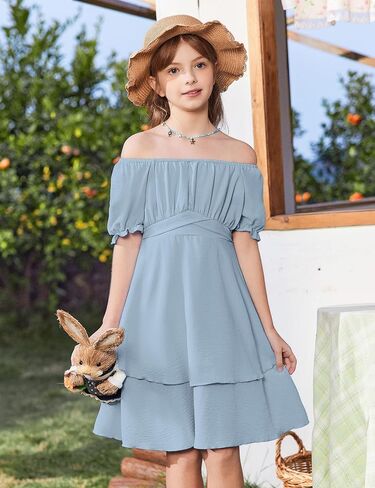 Arshiner Girls Dress Summer Off Shoulder Puff Sleeve Ruffle Tiered Layer Party Dresses in Saudi Arabia