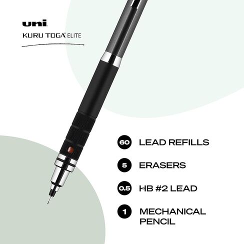 Uniball Kuru Toga Elite Mechanical Pencil Starter Kit with Gun Metal Barrel and 0.5mm Pencil Tip, 60 Lead Refills, and 5 Pencil Eraser Refills, HB #2, Office/School Supplies, Drafting in Saudi Arabia