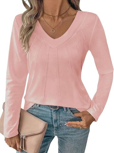 TICTICMIMI Women's V Neck Long Sleeve Henley Shirts Casual Pleated Tunic Tops in Saudi Arabia