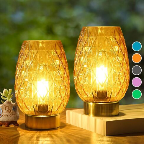 Set 2, Battery Operated Table Lamp with Timer for Home Decoration, Vintage Cordless LED Glass Lamps for Living Room Bedroom Bedside Entryway, Wireless Accent Night Light for Desk Nightstand Shelf in Saudi Arabia
