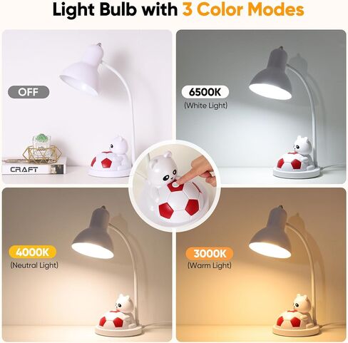 مصباح مكتب LED لغرفة نوم الأطفال ، مصباح طاولة سرير لطيف ، لمبة LED 12W مشمولة ، قاعدة E26/E27 ، 3000-6500K ، مصباح دراسة مرن للفتيات الفتيات الأطفال منزل نابض للمنزل (أبيض+أحمر) in Saudi Arabia