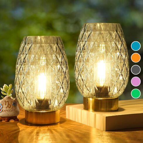 Set 2, Battery Operated Table Lamp with Timer for Home Decoration, Vintage Cordless LED Glass Lamps for Living Room Bedroom Bedside Entryway, Wireless Accent Night Light for Desk Nightstand Shelf in Saudi Arabia