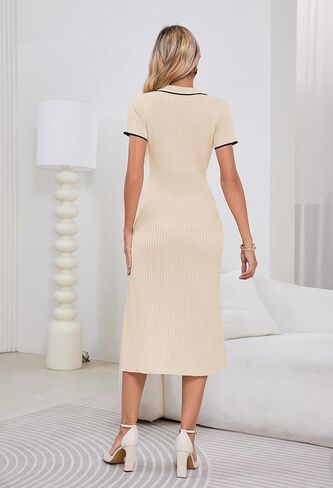 فساتين بولو نسائية من Pink Queen برقبة على شكل V وأكمام قصيرة أنيقة وخصر عالي، فساتين متوسطة الطول مضلعة ومتماسكة in Kuwait