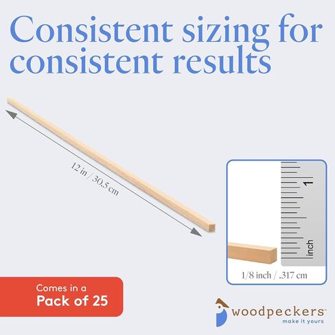 Wood Square Dowel Rods 1/8 inch x 12 Pack of 25 Wooden Craft Sticks for Crafts and Woodworking by Woodpeckers in Kuwait