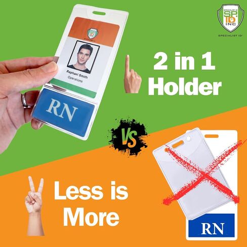 RN BadgeBottom Vertical Badge Buddy & ID Holder Combo - Heavy Duty 2 in 1 Badge Bottom I’D Protector Nursing Accessories - USA Printed Double Sided Role Card Clear Sleeve by Specialist ID (Blue) in Saudi Arabia