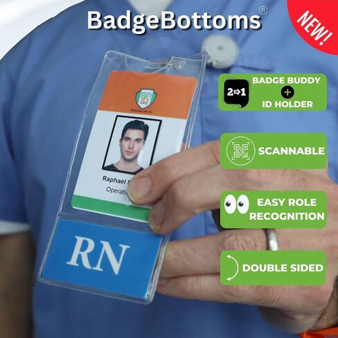 RN BadgeBottom Vertical Badge Buddy & ID Holder Combo - Heavy Duty 2 in 1 Badge Bottom I’D Protector Nursing Accessories - USA Printed Double Sided Role Card Clear Sleeve by Specialist ID (Blue) in Saudi Arabia
