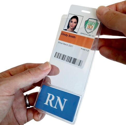 RN BadgeBottom Vertical Badge Buddy & ID Holder Combo - Heavy Duty 2 in 1 Badge Bottom I’D Protector Nursing Accessories - USA Printed Double Sided Role Card Clear Sleeve by Specialist ID (Blue) in Saudi Arabia