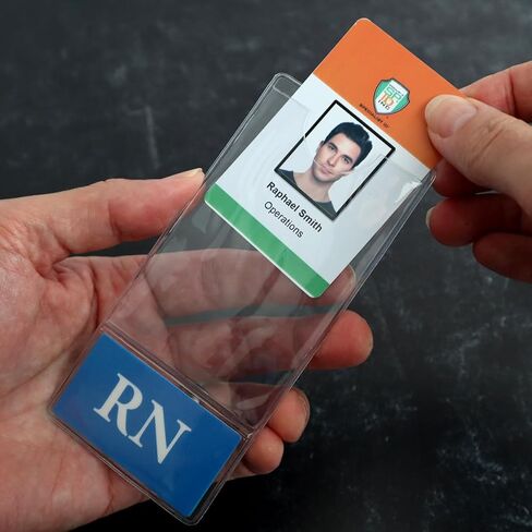 RN BadgeBottom Vertical Badge Buddy & ID Holder Combo - Heavy Duty 2 in 1 Badge Bottom I’D Protector Nursing Accessories - USA Printed Double Sided Role Card Clear Sleeve by Specialist ID (Blue) in Saudi Arabia