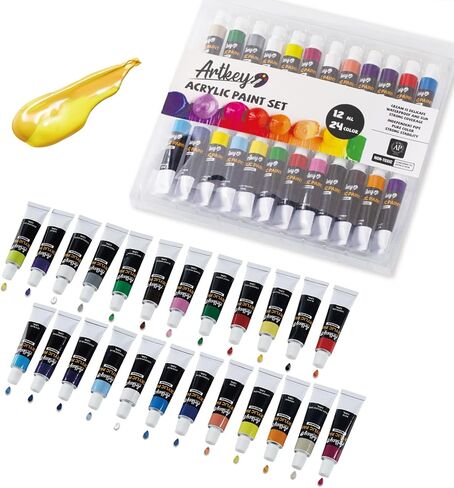 مجموعة الطلاء Artkey Acrylic - 24 ألوانًا نابضة بالحياة (12 مل/0.4 أوقية) ، أصباغ غنية ومهنية ، دهانات أكريليك للبنوك الصخرية الخشبية الطينية الطين الطلاء الفنية الطلاء - لوازم الفن in Kuwait