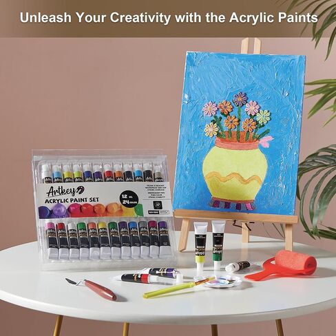 مجموعة الطلاء Artkey Acrylic - 24 ألوانًا نابضة بالحياة (12 مل/0.4 أوقية) ، أصباغ غنية ومهنية ، دهانات أكريليك للبنوك الصخرية الخشبية الطينية الطين الطلاء الفنية الطلاء - لوازم الفن in Kuwait