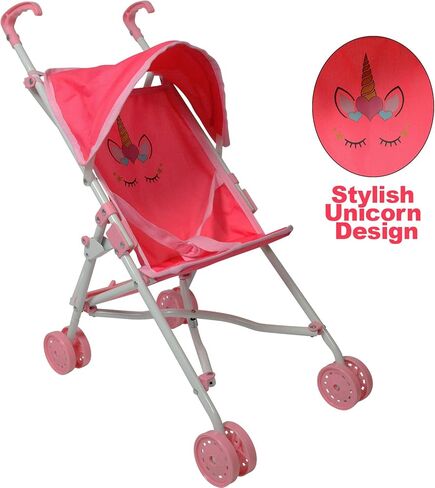 My First Baby Doll Stroller for Toddlers 1-3 Year Old Girls, Little Kids | Toy Stroller with Bottom Storage Basket, Foldable Frame, Canopy, Seatbelt - Unicorn (Pink) in Saudi Arabia