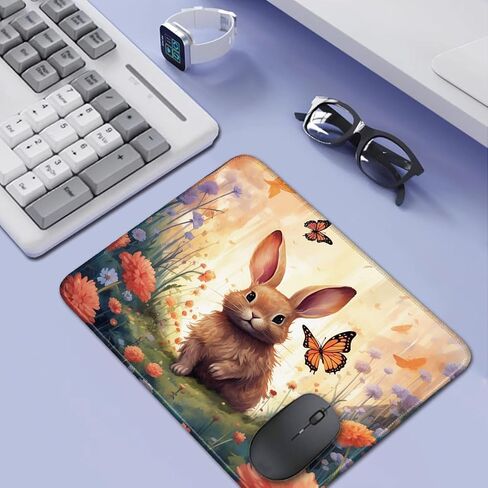 Rabbit and Flowers Design, Small Gaming Mouse Pad Portable Mouse Pad Travel Mouse Pad for Laptop Non Slip Mouse Pad, 26x21cm in Saudi Arabia