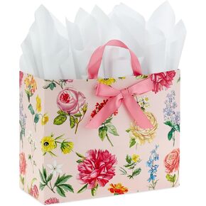 Hallmark 10" Large Horizontal Gift Bag with Tissue Paper (Vintage Floral with Pink Bow) for Easter, Mother's Day, Bridal Showers, Graduations, New Moms