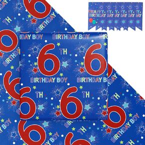RUSPEPA Birthday Wrapping Paper Sheets with Star Pattern Great for Birthday Gift Wrap, 6 Fold on Sheets Each Set, 27 inches x 19 inches - 6th Birthday Boy