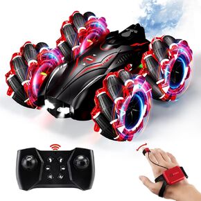 RC Gesture Sensing Stunt Car，2.4GHz 4WD Remote Control Car with Cool Light，Double Sided Rotating Off Road Vehicle 360° Flips Cars for 6-12 Year Old Boys Girls Birthday Presents (Red)