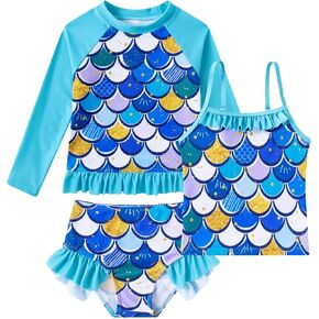 BFUSTYLE Girls Swimsuit 3 Pieces Rash Guard Kids Long Sleeves Bathing Suit 3-8 Years Sun Proction Swimwear Tankini