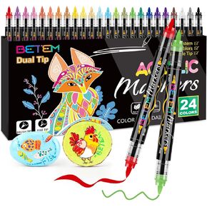 Acrylic Paint Markers Paint Pens, 24 Colors Dual Tip Direct Liquid Acrylic Markers with Automatic Ink Control System, Fine & Brush Tip Art Supplies for Rock Painting, Wood, Stone, Fabrics, DIY Craft