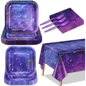 Space Galaxy Party Supplies for 20 Guests, Include Starry Night Paper Plates, Napkins, Forks, Universe Tablecloth for Kids Girls Birthday Party Outer Space Theme Party Decorations