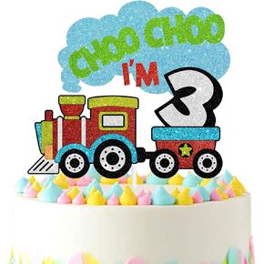 3rd Birthday Cake Topper, Choo Choo I'm 3 train Theme Kids Birthday Glitter Party Decoration Supplies