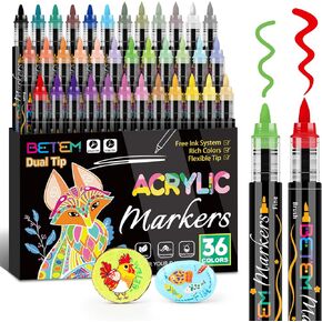 Acrylic Paint Markers Paint Pens, 24 Colors Dual Tip Direct Liquid Acrylic Markers with Automatic Ink Control System, Fine & Brush Tip Art Supplies for Rock Painting, Wood, Stone, Fabrics, DIY Craft