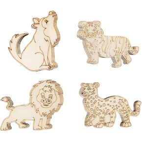 32 Pack Unfinished Wood Animal Cutouts - Tiger, Lion, Wolf, Leopard - Paint & Decorate Wooden Animal Hanging Ornaments - DIY Craft Gift Tags