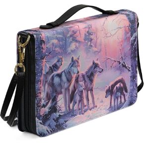 Wolf Forest Printed Bible Covers for Men & Women, Bible Holder, Lightweight Bible Cover Carrying Organizer Bag with Detachable Shoulder Strap, Leather Bible Case Church Bag,M
