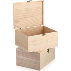 Yookeer 2 Pcs Large Unfinished Wooden Box with Hinged Lid and Front Clasp, Rectangle Unpainted Crafts DIY Wood Boxes Treasure Chest Stash Box for Art Gifts Jewelry Home Storage, 10.6x8.1x5.7 Inch