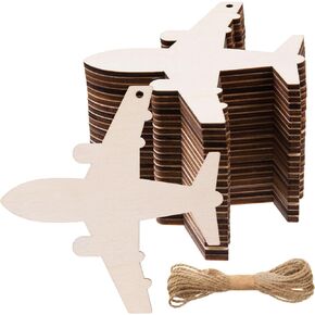 AWIZOM 48 Pcs Wooden Airplane Cutouts Unfinished Wooden Plane Shape Ornaments Blank Wooden Airplane Slices with 32.8 Ft Twine for DIY Craft Tags Wedding Birthday Baby Shower Hanging Decor,3.94x3.9