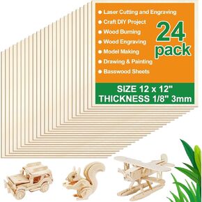 36 Pack Basswood Sheets 12 X 12 X 1/8 Inch Wood for Crafts, Basswood Plywood, Unfinished Wood for Laser Cutting and Engraving, DIY Crafts, Model Making