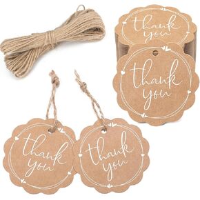 joycraft 100Pcs Thank You Gift Tags with String, Kraft Paper Gift Wrap Hang Tags, Scalloped Round Brown Tags,Personalized Party Favor for Wedding, Baby Shower, Bridal Shower(2.36"